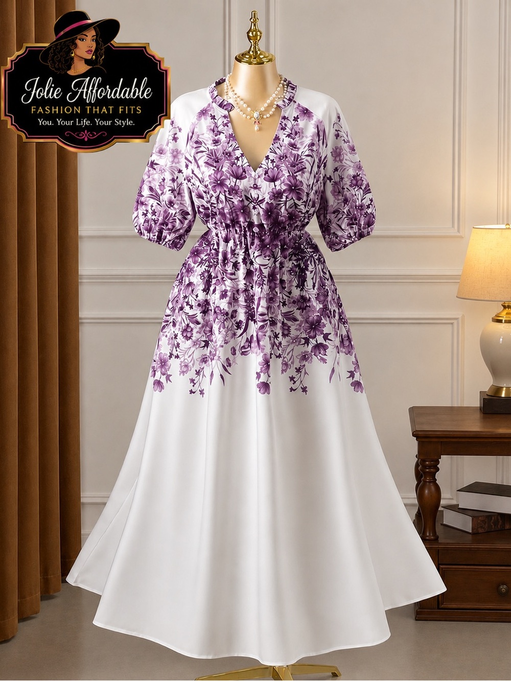 Jolie White Maxi Dress with Purple Floral Print